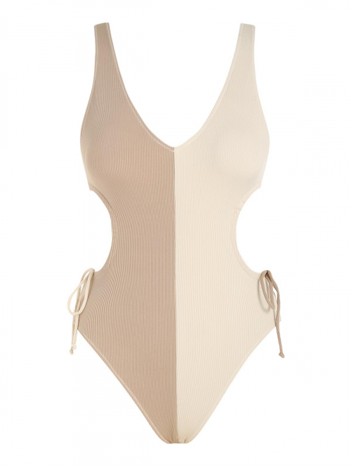 ZAFUL Cinched Cut Out Two Tone Ribbed Cheeky One-piece Swimsuit L Coffee