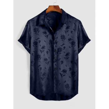 ZAFUL Men's ZAFUL Men's Jacquard Silky Satin Floral Print Rose Pattern Button Front Short Sleeve Summer Shirt Xl Deep blue