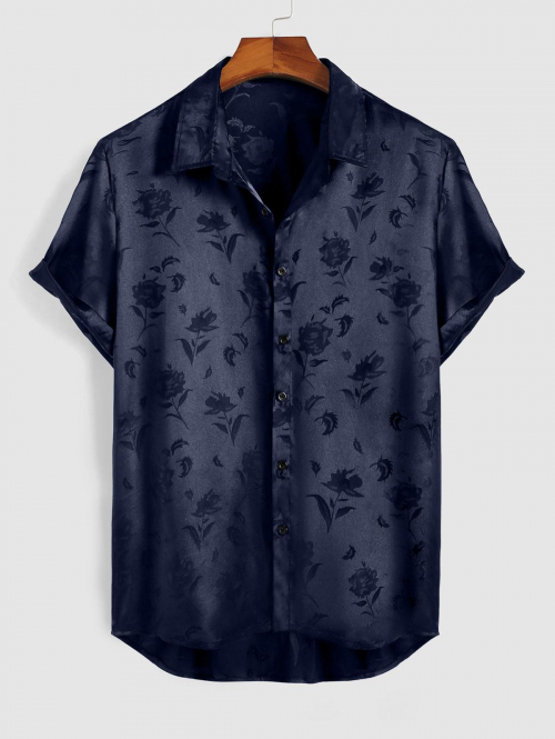 ZAFUL Men's ZAFUL Men's Jacquard Silky Satin Floral Print Rose Pattern Button Front Short Sleeve Summer Shirt Xl Deep blue