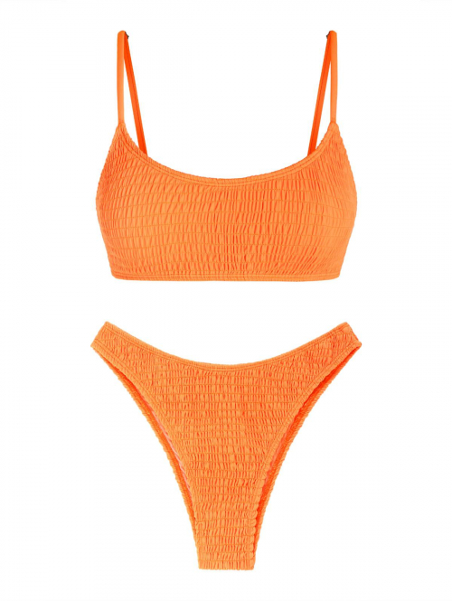 ZAFUL Tank Style Shirred Smocked High Leg Cheeky Bikini Swimwear M Orange