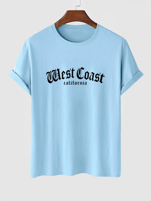 ZAFUL Men's Letter West Coast California Graphic Printed Short Sleeve T-shirt L Light blue