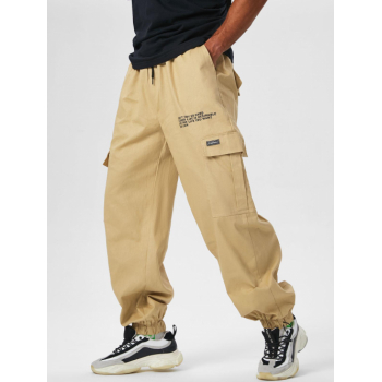 ZAFUL Men's ZAFUL Drawstring Letter Streetwear Wide Leg Jogger Cargo Pants L Light coffee