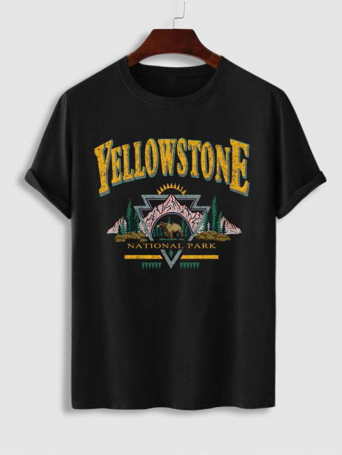 ZAFUL Men's YELLOWSTONE NATIONAL PARK Pattern Short Sleeves T-shirt S Black