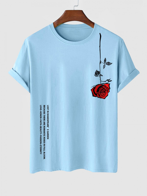 ZAFUL Men's Men's Letter Rose Graphic Printed Short Sleeve Round Neck Summer Casual T-shirt L Light blue