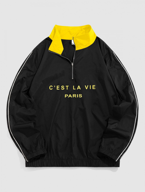 ZAFUL Men's ZAFUL Quarter Zip Colorblock C'EST LA VIE PARIS Graphic Printed Pullover Jacket S Black