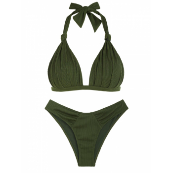 Textured Twisted Knot Ruched Cheeky Bikini Set S Deep green