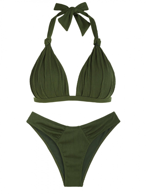 Textured Twisted Knot Ruched Cheeky Bikini Set S Deep green