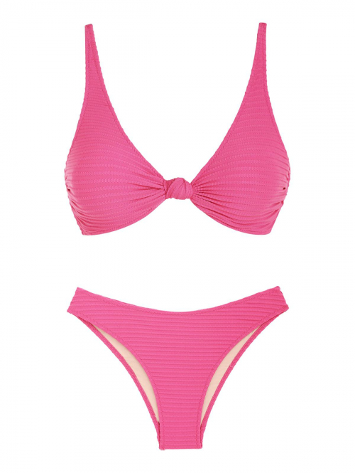 Ribbed Knot Plunging Cheeky Bikini Set M Light pink