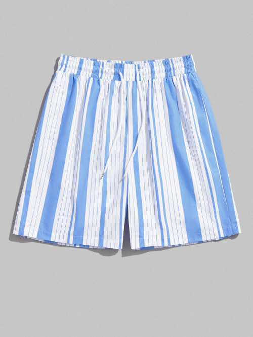 ZAFUL Vertical Striped Drawstring Pocket Cotton Shorts M Light blue