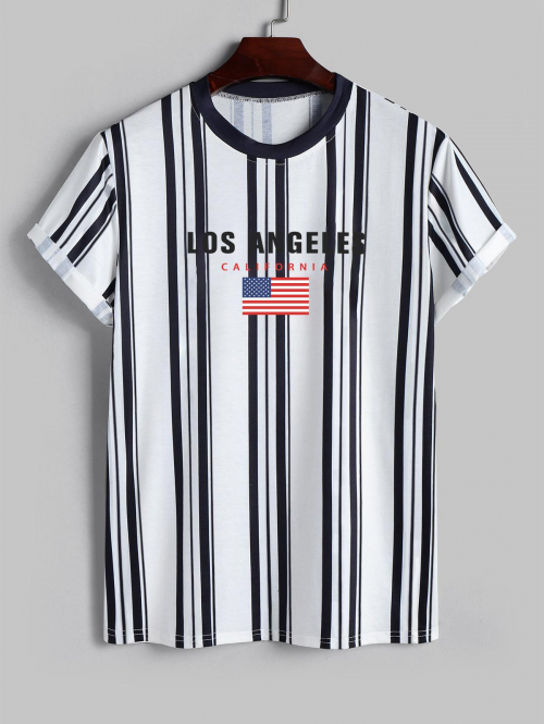 ZAFUL Men's Striped Los Angeles Patriotic American Flag Print T Shirt L Black