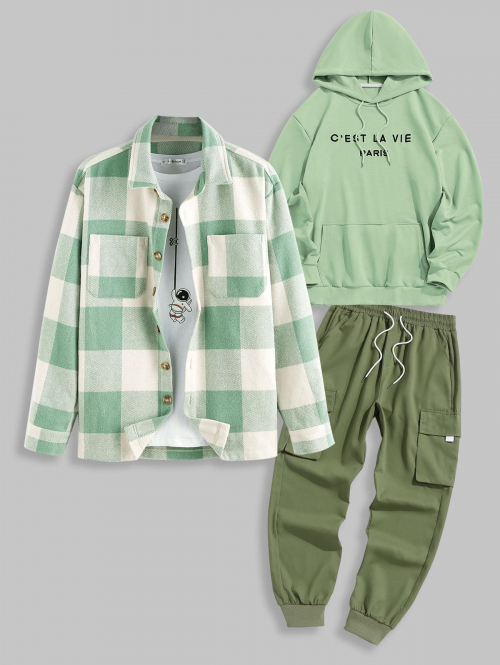 ZAFUL Men's 3Pcs Outfits Plaid Wool Blend Shacket and Essentials Hoodie and Techwear Cargo Pants Set Light green