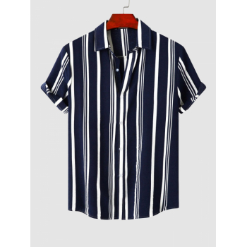 ZAFUL Men's Short Sleeves Vertical Striped Vacation Shirt M Deep blue