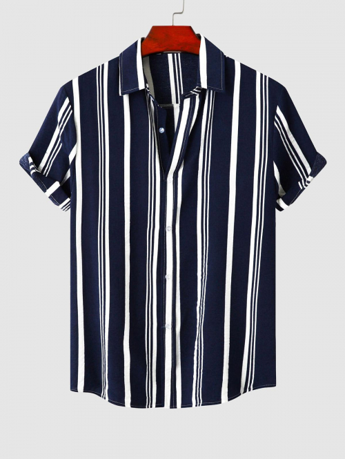 ZAFUL Men's Short Sleeves Vertical Striped Vacation Shirt M Deep blue