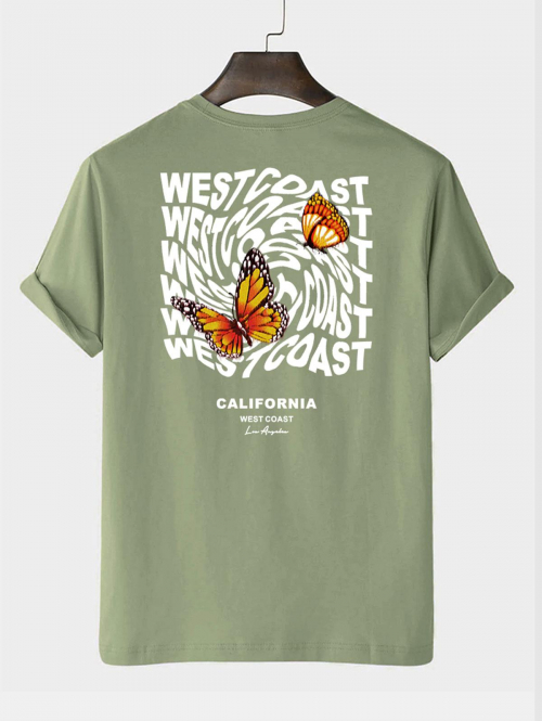 ZAFUL Men's WEST COAST Butterfly Pattern Short Sleeves T-shirt L Light green