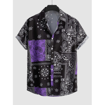 ZAFUL Men's Men's Ethnic Style Paisley Floral Print Pattern Block Retro Casual Short Sleeves Shirt L Concord