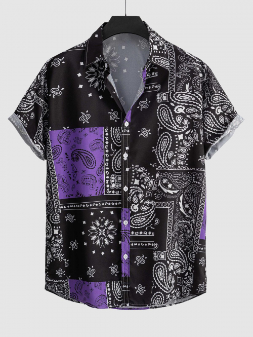 ZAFUL Men's Men's Ethnic Style Paisley Floral Print Pattern Block Retro Casual Short Sleeves Shirt L Concord