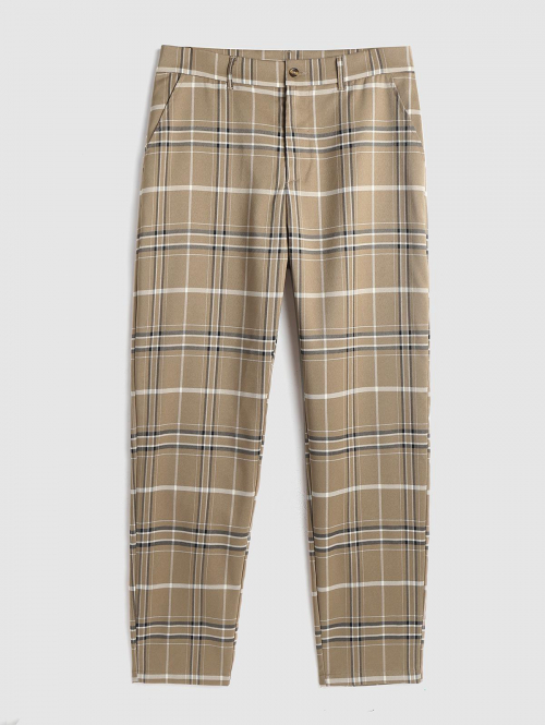 ZAFUL Men's ZAFUL Plaid Pattern Zip Fly Casual Pants L Light coffee