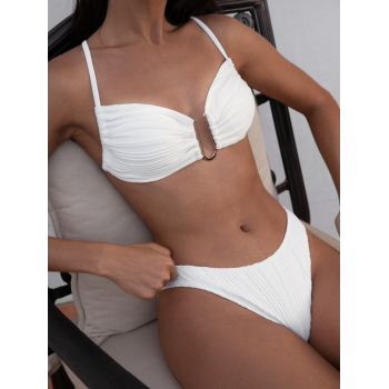 ZAFUL Textured U Metal Criss Cross High Leg Bikini Swimwear L White