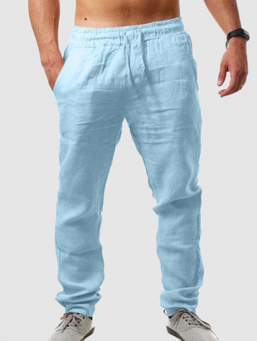 ZAFUL Men's Solid Color Basic Linen Pants M Light blue