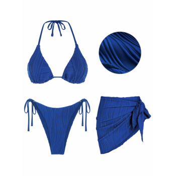 Women Three-Pieces Women's Halter Neck Textured Solid Color Triangle String Tanga Bikini Set With Sarong Skirt Blue