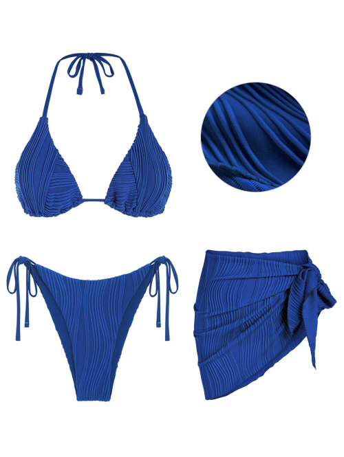 Women Three-Pieces Women's Halter Neck Textured Solid Color Triangle String Tanga Bikini Set With Sarong Skirt Blue