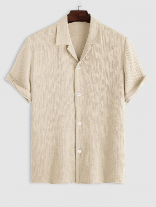 ZAFUL Men's ZAFUL Cotton and Linen Textured Wrinkle Short Sleeves Shirt L Light yellow