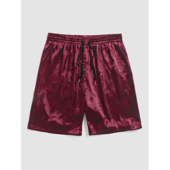 ZAFUL Silky Satin Rose Pattern Casual Shorts M Deep red