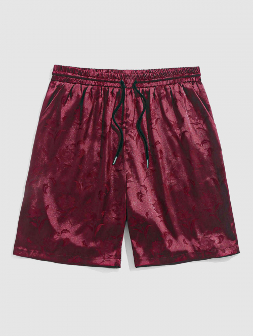 ZAFUL Silky Satin Rose Pattern Casual Shorts M Deep red