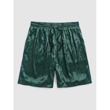 ZAFUL Silky Satin Rose Pattern Casual Shorts M Deep green