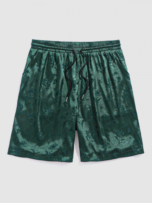 ZAFUL Silky Satin Rose Pattern Casual Shorts M Deep green