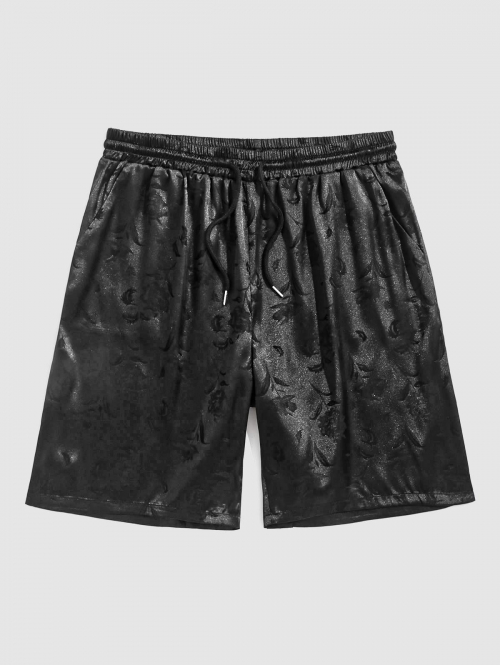 ZAFUL Silky Satin Rose Pattern Casual Shorts L Black