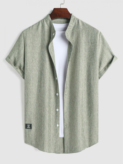 ZAFUL Men's ZAFUL Stand Collar Applique Decor Short Sleeves Heathered Basic Shirt M Light green