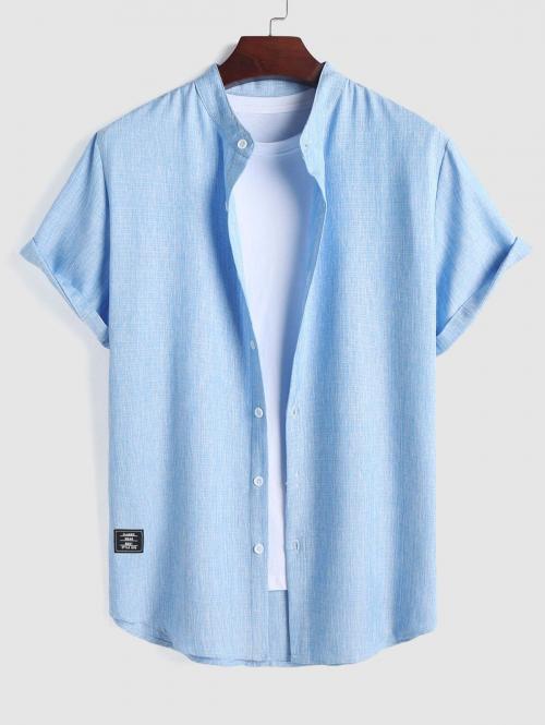 ZAFUL Men's ZAFUL Stand Collar Applique Decor Short Sleeves Heathered Basic Shirt M Light blue