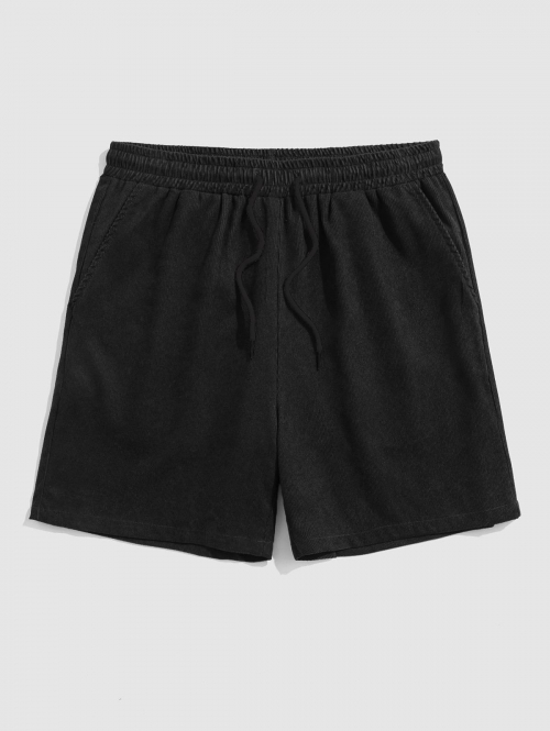 ZAFUL Drawstring Pocket Plain Corduroy Textured Shorts L Black