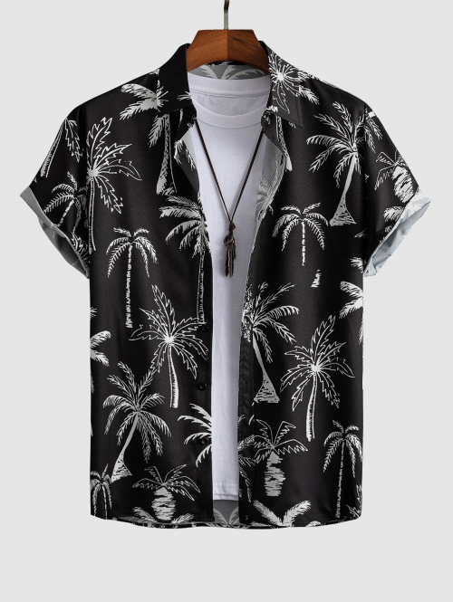 ZAFUL Men's Short Sleeves Palm Tropical Print Beach Vacation Shirt M Black