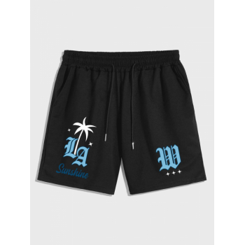 LA Coconut Tree Pattern Sweat Shorts L Black