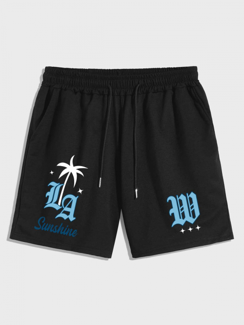 LA Coconut Tree Pattern Sweat Shorts L Black