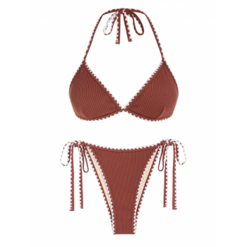 Whip Stitching Ribbed Triangle Tanga Bikini Set L Deep coffee