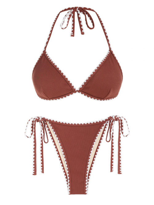 Whip Stitching Ribbed Triangle Tanga Bikini Set L Deep coffee