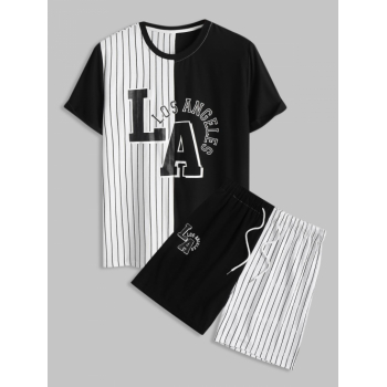 ZAFUL Men's ZAFUL Stripes Panel Letter LOS ANGELES Printed Colorblock T-shirt and Shorts Set L Black