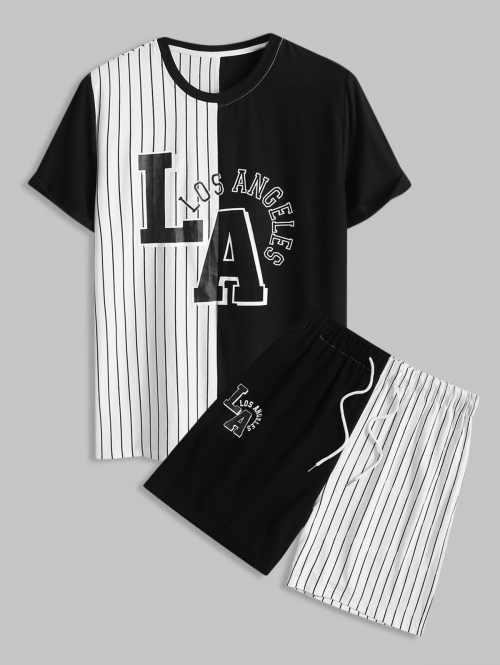 ZAFUL Men's ZAFUL Stripes Panel Letter LOS ANGELES Printed Colorblock T-shirt and Shorts Set L Black