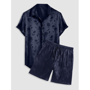 ZAFUL Men's Men's Jacquard Silky Satin Floral Print Rose Pattern Button Front Short Sleeve Shirt And Shorts Set Deep blue