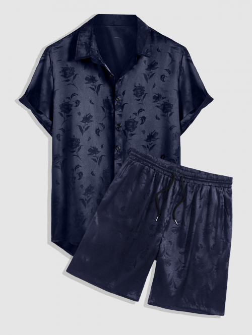 ZAFUL Men's Men's Jacquard Silky Satin Floral Print Rose Pattern Button Front Short Sleeve Shirt And Shorts Set Deep blue