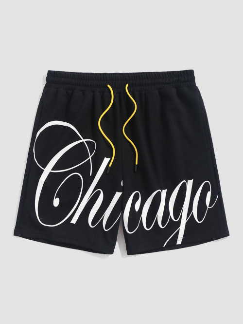 ZAFUL Chicago Letter Printed Sports Sweat Shorts L Black