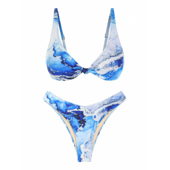 ZAFUL Knotted High Leg Abstract Printed Cheeky Bikini Swimwear M Blue