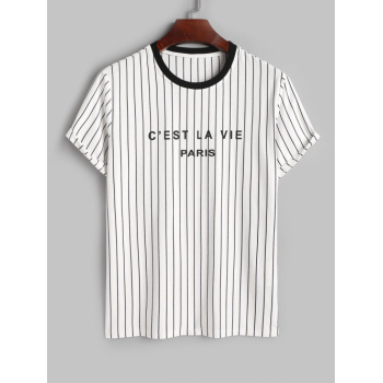 ZAFUL C'EST LA VIE PARIS Striped Pattern Short Sleeves T-shirt S White