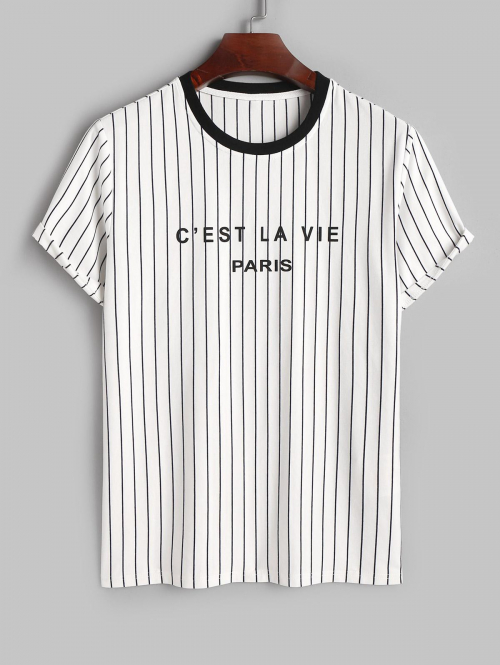 ZAFUL C'EST LA VIE PARIS Striped Pattern Short Sleeves T-shirt S White