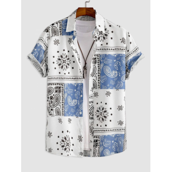 ZAFUL Men's Men's Ethnic Style Paisley Floral Print Pattern Block Retro Casual Short Sleeves Shirt M White