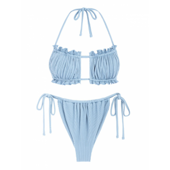 Multiway Frilled Textured String Tanga Bikini Set L Light blue