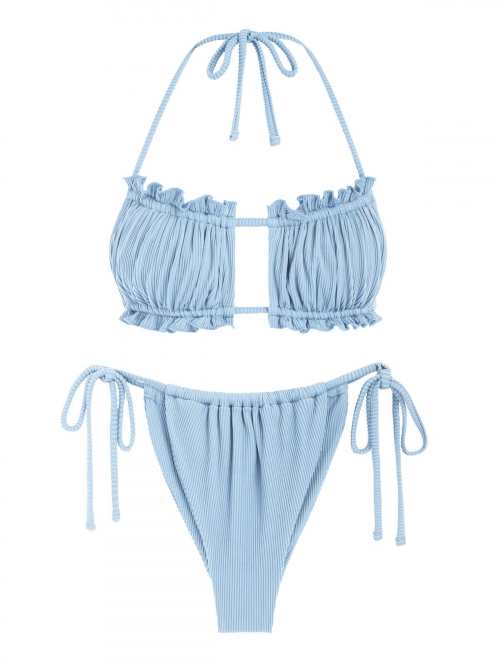 Multiway Frilled Textured String Tanga Bikini Set L Light blue